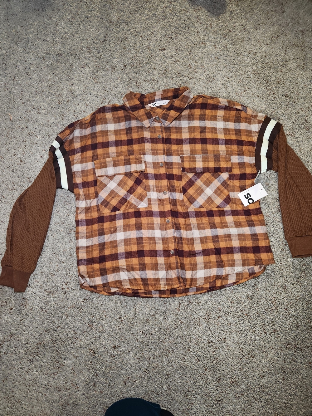 SO Womans Brown Plaid Button-Up Shirt with Knit Sleeve Detail For Woman Size L